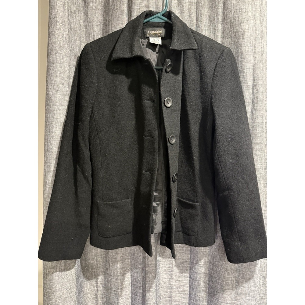 Signature Black 65% Wool 10% Cashmere Button Up Coat Womans Size 8 Lined Pockets